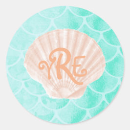 Aqua Mermaid Scales | Seashell Monogram Runder Aufkleber