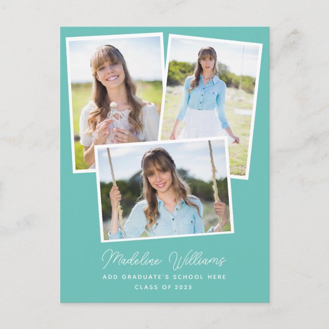 Aqua Minimalistisch Script Multi Foto Abschluss Postkarte (Vorderseite)