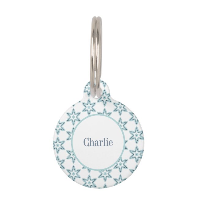 Aqua Mint Blue and White Modern Geometric Stars Haustiermarke (Vorderseite)