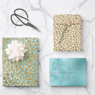 Aqua Mint Gold Glitz Glitzer Leopard Geschenkpapier Set