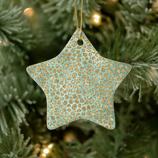 Aqua Mint Gold Glitz Glitzer Leopard Keramik Ornament (Baum)