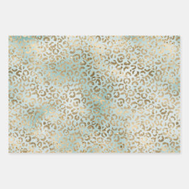 Aqua Mint Gold Glitz Sparkle Leopard Print Geschenkpapier Set