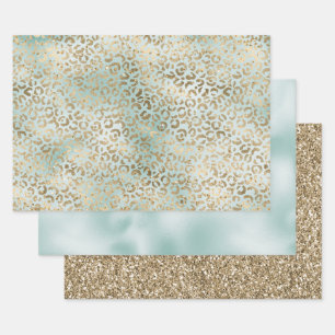 Aqua Mint Gold Glitz Sparkle Leopard Print Geschenkpapier Set