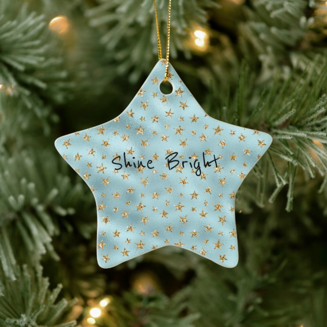 Aqua Mint Gold Glitzer Stars Keramik Ornament (Baum)