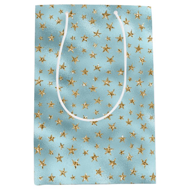 Aqua Mint Gold Glitzer Stars Mittlere Geschenktüte (Vorderseite)
