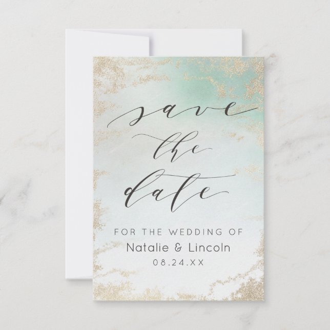Aqua Mint Green Mattiert Gold Glitzer Chic Wedding Save The Date (Vorderseite)