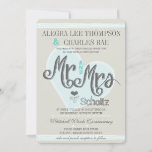 Aqua Mint Mr. and Mrs Typografy Weddings Einladung
