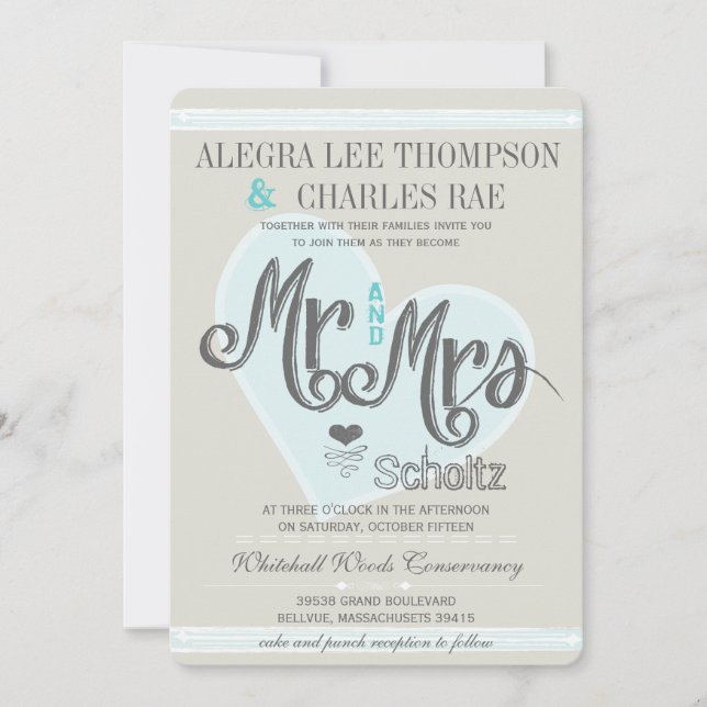 Aqua Mint Mr. and Mrs Typografy Weddings Einladung (Vorderseite)