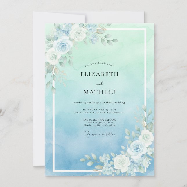 Aqua-Mint-Rosé-Hochzeit Einladung (Vorderseite)