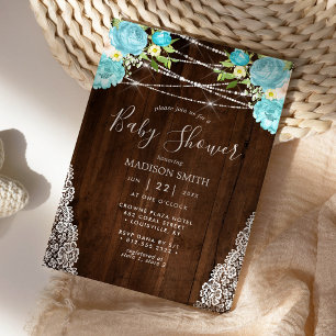 Aqua Mint Rustik Lichterkette Blumen Baby Shower Einladung