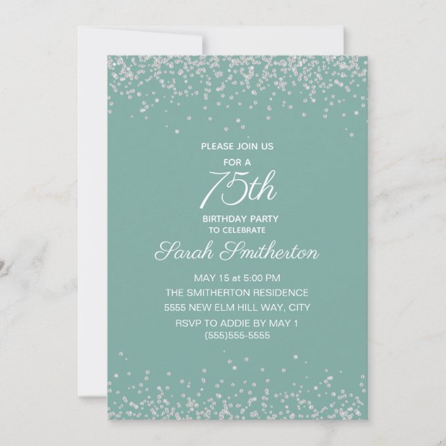 Aqua Mint Silver Diamond Glitzer 75. Geburtstag Einladung (Vorderseite)
