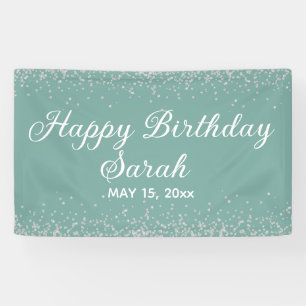 Aqua Mint Silver Diamond Glitzer Happy Birthday Banner