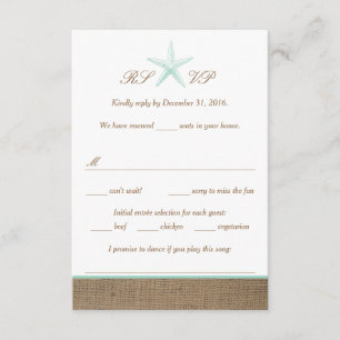 Aqua Mint Starfish Burlap Beach Hochzeitungs-RSVP RSVP Karte