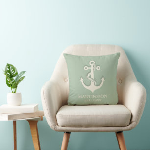 Aqua Mint White Anchor Name Datum Nautic Kissen