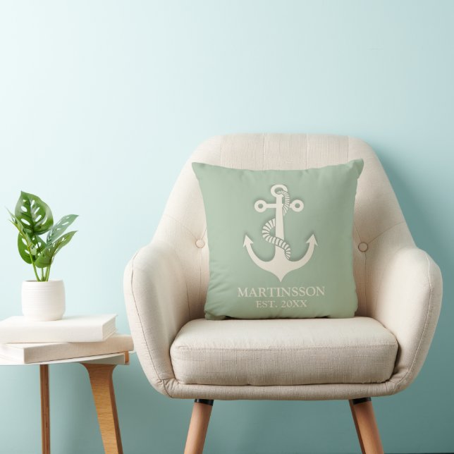 Aqua Mint White Anchor Name Datum Nautic Kissen (Stuhl )