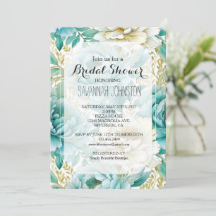 Aqua Mint White Cream Gold Floral Brautparty Einladung