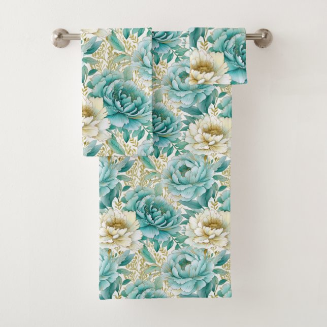Aqua Mint White Floral Badhandtuch Set (Insitu)