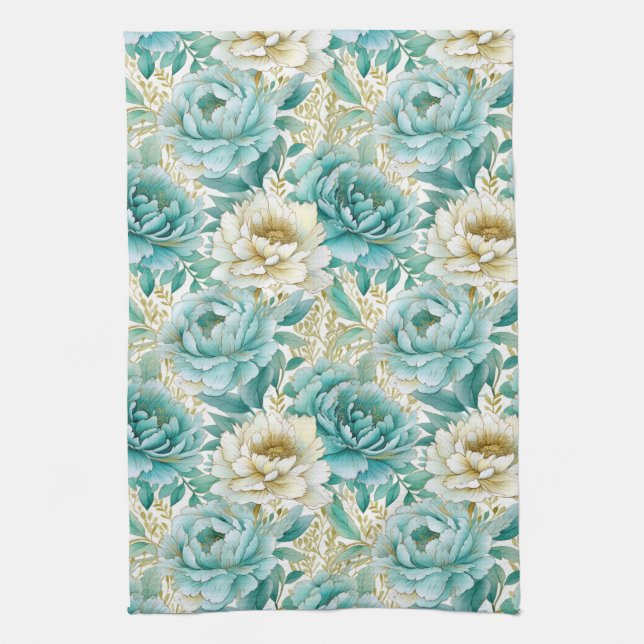 Aqua Mint White Floral Geschirrtuch (Vertikal)