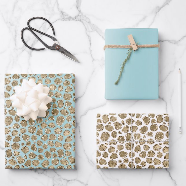 Aqua Mint White Gold Glitzer Leopard Geschenkpapier Set (Vorderseite)