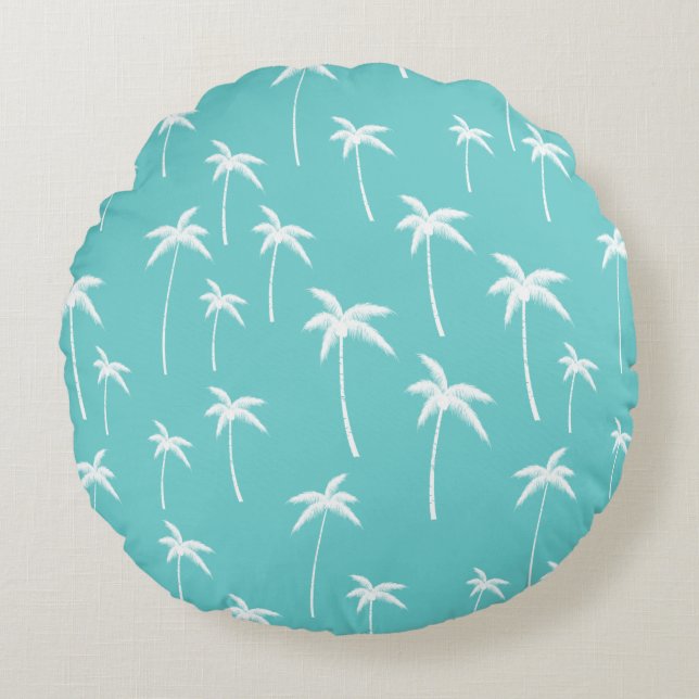 Aqua Mint White Palm Trees Rundes Kissen (Vorderseite)
