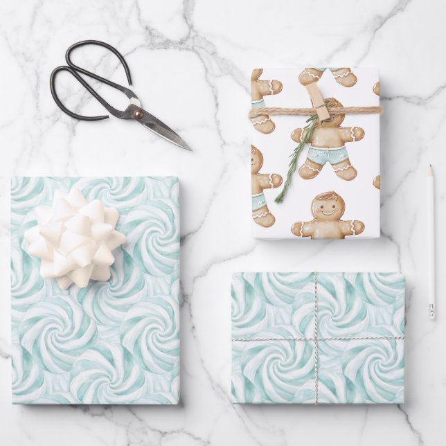 Aqua Mint White Wirbel Weihnachten Geschenkpapier Set (Vorderseite)