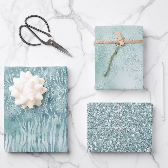Aqua Mint Zebra Print Confetti Glitzer Geschenkpapier Set (Vorderseite)