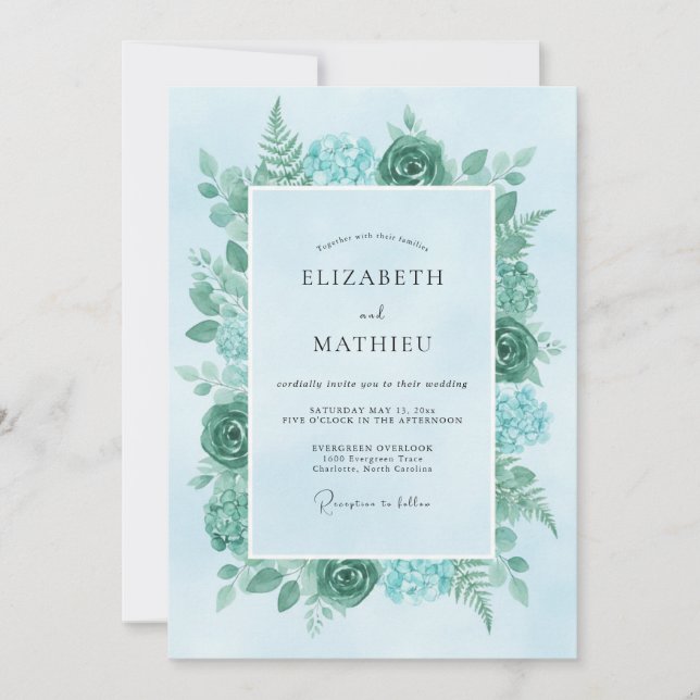 Aqua Minze Farn Hochzeit Einladung (Vorderseite)
