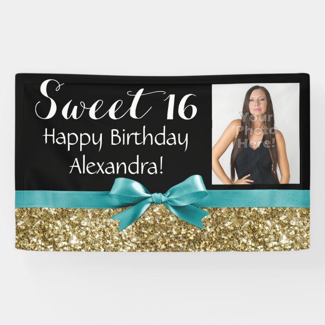 Aqua mit GoldGlitzer-Foto-Bonbon 16 Banner (Horizontal)