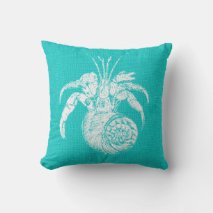 Aqua mit White Hermit Crab Burlap Look Kissen
