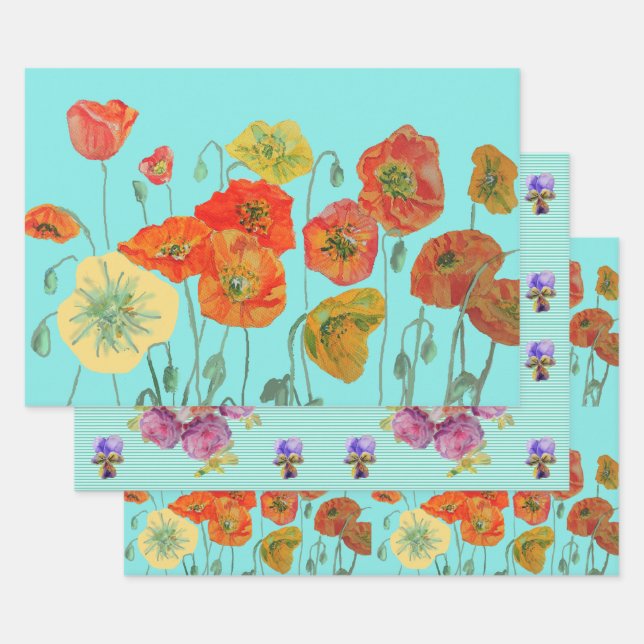 Aqua Mohn Mohnblumen Blumen Wasserfarbe  Geschenkpapier Set (Set)