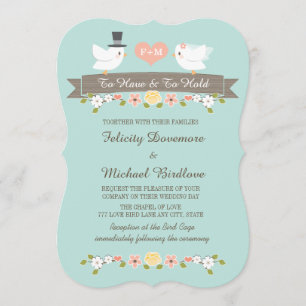 Aqua Monogram Love Birds Dove Wedding Einladung