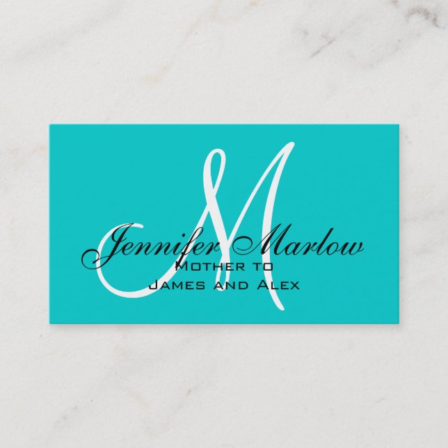 Aqua Monogram Mommy Calling Card Telefonnummerkarte (Vorderseite)