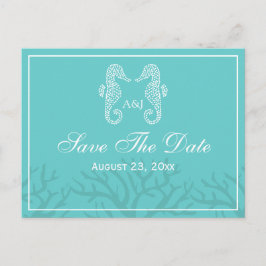 Aqua Monogram Seepferd Save the Date Postkarten