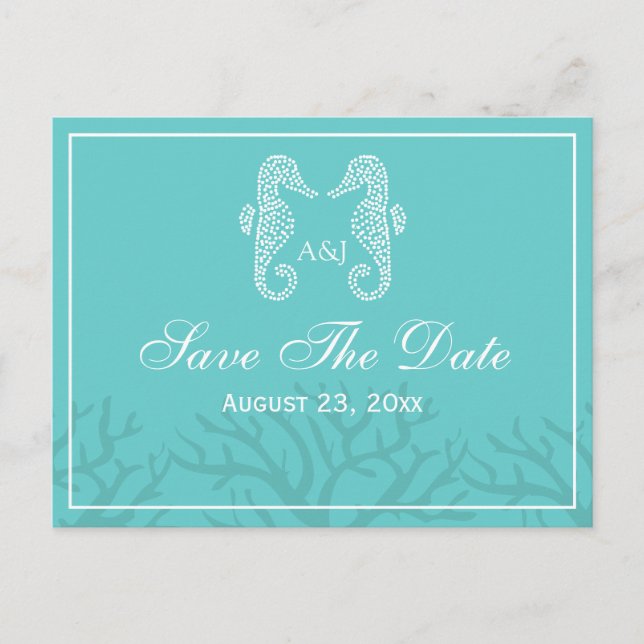 Aqua Monogram Seepferd Save the Date Postkarten (Vorderseite)