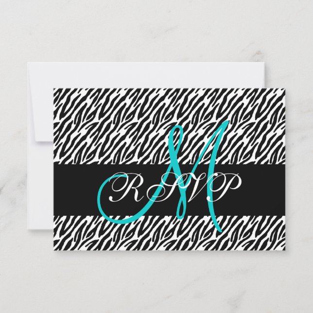 Aqua Monogram Zebra Print Wedding RSVP Card (Vorderseite)