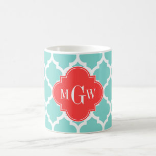 Aqua Moroccan #5 Korallenrot 3 Initiale Monogramm Kaffeetasse