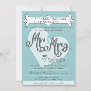 Aqua Mr. and Mrs Typografy Weddings Einladung