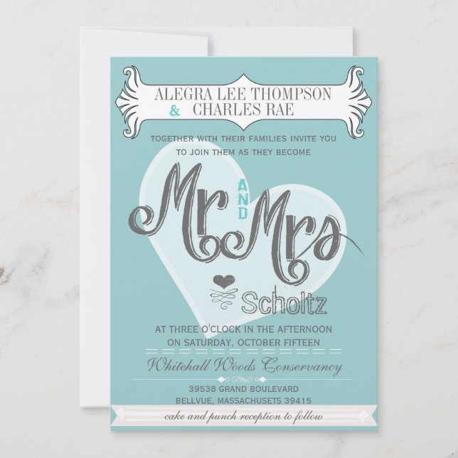 Aqua Mr. and Mrs Typografy Weddings Einladung (Vorderseite)