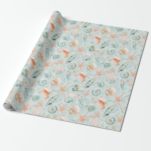 Aqua-Muschel-Seestern-Wasserfarbe-Küstengeschenkve Geschenkpapier