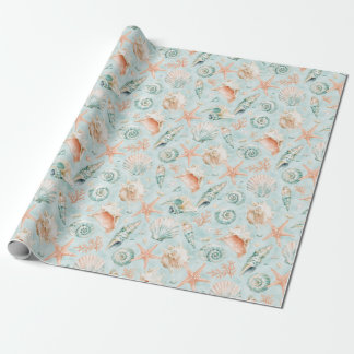 Aqua-Muschel-Seestern-Wasserfarbe-Küstengeschenkve Geschenkpapier