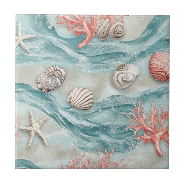 Aqua-Nautik-Seestern-Muschel-Muster Fliese (Vorderseite)