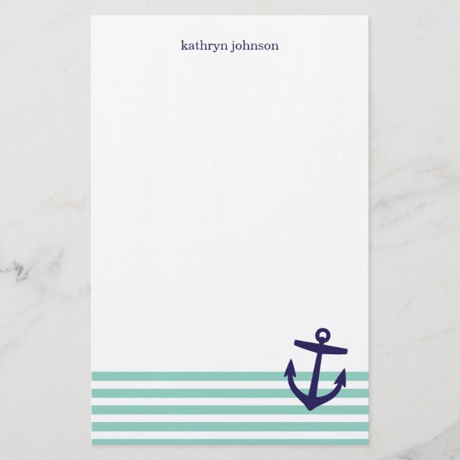 Aqua & Navy Blue Nautical Stripes & Niedlich Anker Briefpapier (Vorderseite)