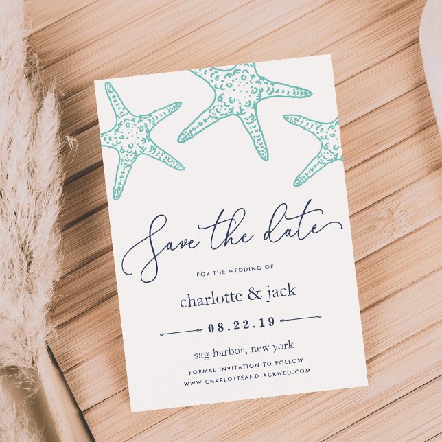 Aqua & Navy Starfish Save the Date Karte (Von Creator hochgeladen)