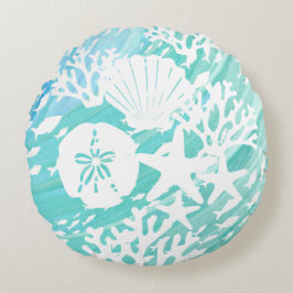 Aqua Ocean Seashells Fisch Coral Rundes Kissen