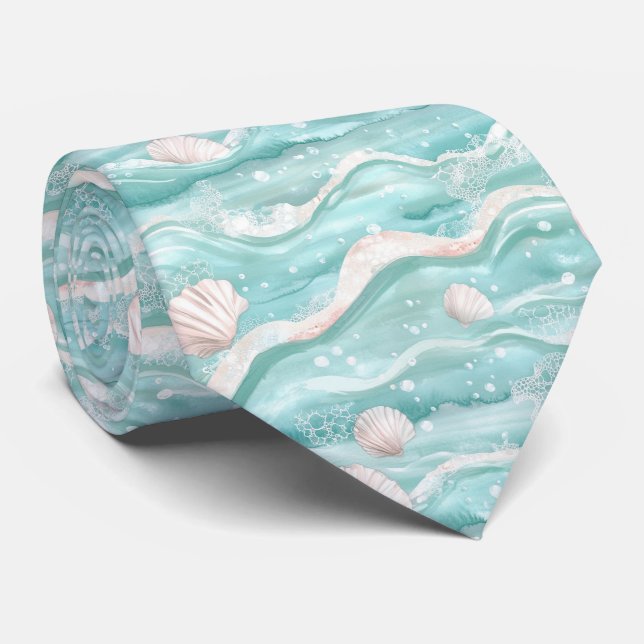 Aqua Ocean Waves & Seashell Pattern (1) Krawatte (Gerollt)