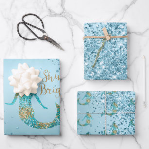 Aqua Ombre Gold Glitzer Sparkle Mermaid  Geschenkpapier Set