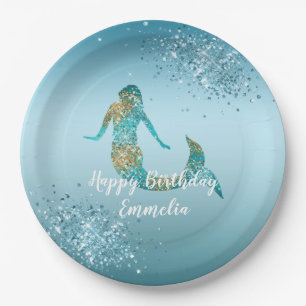 Aqua Ombre Gold Glitzer Sparkle Mermaid Pappteller
