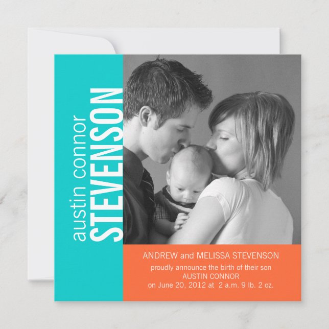 Aqua Orange Modern Baby Boy Geburtsankündigung Ankündigung (Vorderseite)