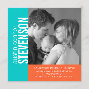 Aqua-orange moderne Baby-Geburts-Mitteilung Ankündigung