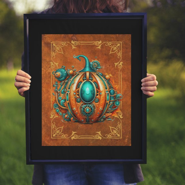 Aqua & Orange Steampunk Pumpkin Digitale Kunst Poster (As shown: 16x20 print with black mat & frame)